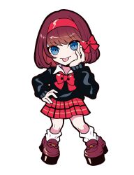 1girl :p anime_coloring ankle_socks black_sleeve_cuffs black_sweater blue_eyes blush bob_cut bow brown_hair brown_shoes closed_mouth collared_shirt crazy_raccoon dress_shoes facing_viewer full_body gradient_hair hair_bow hairband hand_on_own_head legs_apart loafers looking_at_viewer loose_socks medium_hair multicolored_hair official_art penny_loafers pepo_(crazy_raccoon) pigeon-toed plaid_clothes plaid_skirt platform_shoes puppeteer7777 red_bow red_hairband red_skirt school_swimsuit second-party_source shirt shoes skirt sleeve_cuffs socks solo standing straight_hair sweater swimsuit tachi-e thick_lineart tongue tongue_out transparent_background undershirt white_shirt white_socks white_undershirt wing_collar 