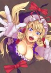  and blonde_hair blue_eyes bow breasts cleavage dress elbow_gloves foreshortening frills gap gloves grey_background hair_bow hat hat_bow large_breasts long_hair looking_at_viewer open_mouth outstretched_arms purple_dress purple_eyes solo touhou yakumo_yukari 