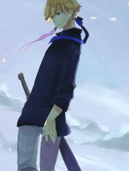  1boy black_shirt blonde_hair blue_eyes closed_mouth commentary_request cowboy_shot expressionless grey_background grey_pants long_sleeves looking_afar male_focus no_armor pants ragnarok_online royal_guard_(ragnarok_online) shirt short_hair solo sword wane_(ruki) weapon 