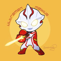  1boy :d alien arm_guards arms_across_body artist_name artistic_error bluesky_username character_name chibi chibi_only colored_skin commentary compound_eyes dorsal_fin energy_blade english_text fighting_stance full_body glowing glowing_eyes gold_trim highres legs_apart looking_at_viewer male_focus mebius_brace mukubirdy multicolored_skin no_fingers no_pupils open_mouth orange_background red_skin signature silver_skin simple_background smile solo standing tokusatsu two-tone_background two-tone_skin ultra_series ultraman_mebius ultraman_mebius_(series) yellow_background yellow_eyes 
