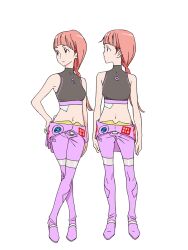  2girls anime_coloring armpits blunt_bangs breasts brown_eyes chikyuugai_shounen_shoujo closed_mouth collared_shirt full_body grey_shirt hand_on_own_hip highres jumpsuit long_hair looking_at_viewer medium_breasts multiple_girls nasa_houston navel official_art pink_hair pink_jumpsuit ponytail profile shirt simple_background sleeveless sleeveless_shirt spacesuit standing transparent_background yoshida_ken&#039;ichi 