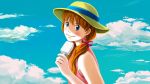  1girl blue_eyes blush brown_hair food hachimitsu_to_clover hair_ribbon hat long_hair low_twintails popsicle ribbon sky smile solo summer twintails yamada_ayumi 