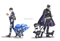 2boys :d animal armor bag belt black_bag black_cat black_cloak black_eyes black_hat black_jacket black_pants black_shoes blue_armor blue_bodysuit blue_hair blue_jacket bodysuit book brown_shoes buttons cat chinese_commentary cloak closed_mouth cmztd commentary_request dated demon_(megami_tensei) devil_summoner:_raidou_kuzunoha_vs_the_soulless_army devil_summoner_(series) fangs floating_hair floral_print full_body gakuran gouto gun hand_up hat hat_over_one_eye hat_tip high_collar highres holding holding_bag holding_book holster in-franchise_crossover jacket jouin_high_school_uniform katana kuzunoha_raidou long_hair long_sleeves looking_to_the_side male_focus multiple_boys nahobeeho outstretched_arms pants parted_lips peaked_cap print_jacket print_pants protagonist_(smtv) raiho running school_bag school_uniform sheath shin_megami_tensei shin_megami_tensei_v shin_megami_tensei_v:_vengeance shoes short_hair sideburns simple_background smile smiley_face solid_oval_eyes sword twitter_username walking weapon white_background white_belt 