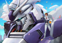  1boy amuro_ray artist_request blue_eyes brown_hair building char's_counterattack char's_counterattack_-_beltorchika's_children clouds cloudy_sky earth_federation gundam helmet hi-nu_gundam holding holding_unworn_helmet looking_at_viewer machinery mecha mecha_pilot_suit mobile_suit realistic robot science_fiction signature sky unworn_headwear unworn_helmet v-fin 