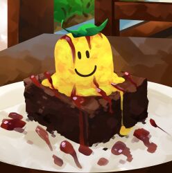  absurdres brownie_(food) chair character-themed_food commentary dessert dripping english_commentary food food_focus highres himochuu ice_cream leaf melting no_humans painterly plate roblox smiley_face table wooden_chair wooden_table 