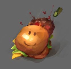  absurdres bread_bun burger character-themed_food cheese commentary english_commentary falling food food_focus highres himochuu ketchup lettuce motion_blur no_humans painterly pickle roblox sliced_cheese 