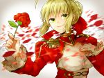  ahoge bad_id blonde_hair breasts cleavage dress epaulettes fate/extra fate_(series) flower green_eyes hair_ribbon ichinose777 petals ribbon rose saber_extra solo 