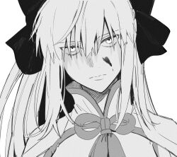  1girl black_bow blood blood_on_face bow braid fate/grand_order fate_(series) hair_between_eyes hair_bow half_up_braid highres long_hair looking_at_viewer monochrome morgan_le_fay_(fate) morgan_le_fay_(first_ascension)_(fate) ponytail ryousuke_(tukr5384) simple_background solo staring 