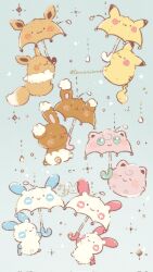  buneary closed_mouth commentary_request eevee floating green_background highres holding holding_umbrella jigglypuff minun no_humans pikachu plusle pokemon pokemon_(creature) pokemon_focus smile temariame14 twitter_username umbrella umbreon 