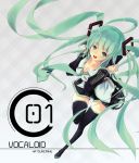  boots breasts character_name cleavage detached_sleeves green_eyes green_hair hands_on_headphones hatsune_miku headphones long_hair looking_at_viewer necktie open_mouth oyeung skirt solo thigh-highs thigh_boots thigh_gap thighhighs thighs twintails very_long_hair vocaloid 