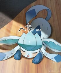  animal_focus blue_fur blush floor full_body glaceon highres hokaimo_pkmn lying no_humans on_floor on_stomach pokemon pokemon_(creature) pokemon_focus sweat sweatdrop tail tongue tongue_out wooden_floor 