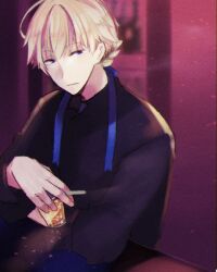  1boy black_shirt blonde_hair blue_eyes blurry blurry_background cigarette closed_mouth commentary_request cup holding holding_cigarette holding_cup looking_at_viewer male_focus no_armor purple_background ragnarok_online royal_guard_(ragnarok_online) shirt short_hair smile solo upper_body wane_(ruki) 