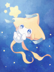  appyon_(archangel_ayp) blue_background blue_eyes closed_mouth commentary_request full_body jirachi no_humans pokemon pokemon_(creature) pokemon_focus solo star_(symbol) 