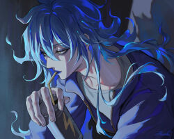  1boy blue_eyeshadow blue_hair blue_lips can commentary drinking_straw energy_drink eyeshadow grey_background grey_shirt half-closed_eyes heartki highres holding holding_can idia_shroud looking_to_the_side makeup male_focus messy_hair shadow shirt signature simple_background solo twisted_wonderland upper_body yellow_eyes 
