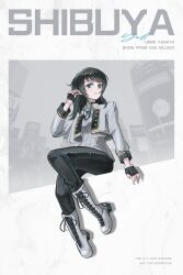  1girl bang_dream! bang_dream!_it&#039;s_mygo!!!!! bkk_(senmude) black_gloves black_hair black_pants blue_brooch blue_eyes boots character_name chinese_commentary commentary_request cover fake_magazine_cover fingerless_gloves gloves grey_boots grey_jacket grey_shirt group_name hand_up highres jacket magazine_cover medium_hair open_mouth pants shibuya_scramble_crossing shirt solo yahata_umiri 