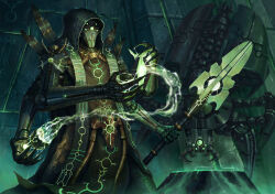  1boy absurdres casting_spell energy extra_arms extra_eyes highres holding holding_polearm holding_weapon humanoid_robot kheljay looking_at_object looking_at_viewer magic necron non-humanoid_robot polearm robot solo tabard warhammer_40k weapon 