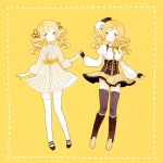  blonde_hair boots corset dress drill_hair dual_persona fingerless_gloves gloves hair_ornament hand_holding hat holding_hands magical_girl mahou_shoujo_madoka_magica pleated_skirt puffy_sleeves ribbon skirt smile tetto thigh-highs thighhighs tomoe_mami yellow_eyes 