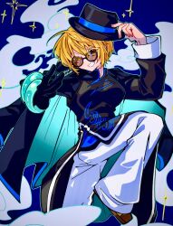  1girl :d black_coat black_dress black_gloves black_hat blonde_hair blue_background breasts brown-tinted_eyewear brown_shoes china_dress chinese_clothes cinq_association_east_uniform coat coat_on_shoulders don_quixote_(project_moon) dress earrings fang full_body gloves hat highres jade_bracelet jewelry limbus_company looking_at_viewer nantekottawo!! ofuda_earrings one_eye_closed pants partially_opaque_sunglasses project_moon round_eyewear shoes short_hair simple_background single_earring single_glove smile solo sparkle standing sunglasses tilted_headwear tinted_eyewear white_pants yellow_eyes 