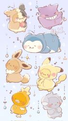  >_< apple blue_background blush closed_mouth commentary_request eevee espurr food fruit gengar highres holding holding_food holding_fruit morpeko morpeko_(full) musical_note no_humans pikachu pokemon pokemon_(creature) pokemon_focus smile snorlax temariame14 torchic zzz 