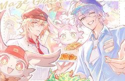  2boys absurdres black_hat blonde_hair blue_eyes blue_hat blue_shirt braid chef_hat collared_shirt commentary_request employee_uniform facial_tattoo fast_food_uniform gradient_hair hair_between_eyes hat highres holding holding_plate honkai:_star_rail honkai_(series) looking_at_viewer medium_hair mem_(honkai:_star_rail) multicolored_hair multiple_boys mydei_(honkai:_star_rail) neck_tattoo one_eye_closed phainon_(honkai:_star_rail) plate red_hair red_tattoo roscoe_(onyx_black89) salad shirt short_hair side_braid tattoo white_hair white_shirt yellow_eyes 