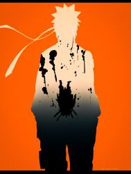  2boys blood blood_splatter commentary_request hands_in_pockets headband highres imamuu_(imamoon) jiraiya_(naruto) male_focus multiple_boys naruto_(series) orange_background simple_background spiky_hair tears twitter_username uzumaki_naruto 