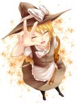  ascot black_legwear blush bow braid broom closed_eyes eyes_closed from_above haikara_udon hair_bow hat kirisame_marisa open_mouth solo touhou v witch witch_hat 