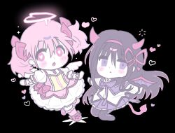  2girls :< akemi_homura angel angel_and_devil angel_wings argyle_clothes argyle_footwear black_background black_boots black_capelet black_hair blush_stickers boots bow bowtie bright_pupils buttons capelet center_frills chest_jewel chibi choker circle_skirt closed_mouth collared_capelet cross-laced_shoes demon_girl demon_horns demon_tail demon_wings diamond-shaped_pupils diamond_(shape) dot_nose dress dress_bow dripping expressionless footwear_bow frilled_dress frilled_skirt frilled_sleeves frilled_socks frills gem gloves hair_between_eyes hair_bow hair_ribbon hairband halo heart heart-shaped_pupils heart_halo highres horns jitome kaname_madoka kerimka31328031 kneehighs kneeling long_hair long_sleeves magical_girl mahou_shoujo_madoka_magica mahou_shoujo_madoka_magica_(anime) mary_janes miniskirt multiple_girls open_mouth outstretched_arms pink_bow pink_choker pink_dress pink_eyes pink_gemstone pink_hair pink_halo pink_socks pleated_skirt puffy_short_sleeves puffy_sleeves purple_bow purple_bowtie purple_capelet purple_skirt purple_wings red_hairband red_horns red_ribbon red_shoes red_tail ribbon shoes short_dress short_hair short_sleeves short_twintails simple_background skirt skirt_under_dress socks square_neckline squeans star_(symbol) symbol-shaped_pupils tail tareme thigh_boots twintails two-tone_capelet very_long_hair violet_eyes white_dress white_gloves white_pupils white_skirt white_sleeves white_wings wings 
