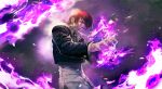  fatal_fury hair_over_one_eye king_of_fighters leon_jo male purple_fire red_hair redhead smile snk yagami_iori 