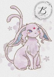  animal_focus baya_(sakura_mint) blush closed_mouth espeon flower forehead_jewel forked_tail full_body gem highres looking_at_viewer no_humans pokemon pokemon_(creature) pokemon_focus purple_fur red_gemstone simple_background sitting tail violet_eyes 