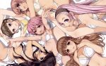  \o/ armpits arms_up artist_request black_hair blue_eyes bra breasts brown_eyes brown_hair character_request face flat_chest frills hair_ribbon hamashima_shigeo hands highres lingerie long_hair multiple_girls open_mouth original outstretched_arms panties pink_hair purple_eyes purple_hair ribbon short_hair smile underwear underwear_only white_bra 