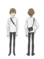  2boys anime_coloring back black_pants black_shoes blue_eyes brown_hair chikyuugai_shounen_shoujo closed_mouth from_behind full_body hand_on_own_hip highres long_sleeves looking_at_viewer multiple_boys multiple_views official_art pants shirt shoes short_hair simple_background smile standing transparent_background tsukuba_taiyou white_shirt yoshida_ken&#039;ichi 