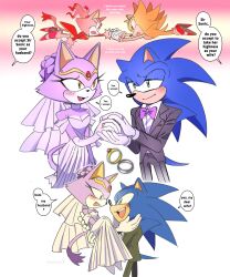  1boy 1girl absurdres animal_ears black_jacket blaze_the_cat blue_fur bow bowtie bride burning_blaze carrying cat_ears cat_girl cat_tail dress fang forehead_jewel furry furry_female furry_male highres holding_hands jacket jewelry open_mouth pink_fur princess_carry purple_bow purple_bowtie purple_fur ring smile sonic_(series) sonic_rush sonic_the_hedgehog speech_bubble super_sonic tail wedding_dress wedding_ring white_dress yellow_fur yeonwu08 