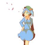  bag blue_eyes blue_hair carrying hair_bobbles hair_ornament hat hunabera kawashiro_nitori petals simple_background smile solo touhou twintails white_background wind 