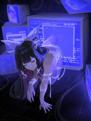  1girl absurdres bare_shoulders black_hair blue_screen_of_death closed_eyes columbina_(genshin_impact) eye_mask fuyutsuki11 genshin_impact hands_on_floor head_wings highres loading_screen long_hair monitor multicolored_hair pink_hair smile solo through_medium through_screen two-tone_hair white_wings wings 