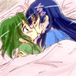  aoki_reika bed blue_hair blush green_eyes green_hair hair_down kiss long_hair midorikawa_nao multiple_girls pillos pillow precure short_hair smile_precure! urutsu_sahari yuri 