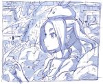  debris eyebrows hat monochrome monogatari_(series) nisemonogatari ononoki_yotsugi sakino_shingetsu short_eyebrows short_hair sketch smoke solo tree twintails 