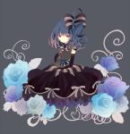  bare_shoulders blue_hair bow dress elbow_gloves flower frown gloves hair_bow mmco original red_eyes ribbon rose side_ponytail solo stuffed_animal stuffed_bunny stuffed_toy 