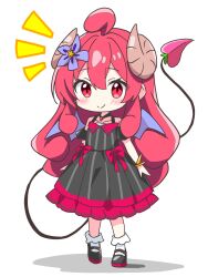 1girl ahoge alternate_color alternate_costume bare_shoulders black_dress black_shoes blush bow brown_horns closed_mouth commentary_request curled_horns demon_girl demon_tail double-parted_bangs dress dress_bow flower full_body hair_flower hair_ornament highres horns kotatsu-mazoku lilith_(homunculus)_(machikado_mazoku) lilith_(machikado_mazoku) long_hair looking_at_viewer machikado_mazoku mary_janes purple_flower red_bow red_eyes red_hair shadow shoes sidelocks simple_background smile socks solo standing tail white_background white_socks 