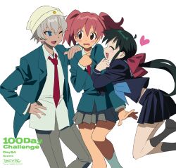  1boy 2boys azumaya_koyuki beanie betti_(xx_betti) blue_eyes blush hat highres hinata_natsumi keroro_gunsou long_hair multiple_boys necktie one_eye_closed open_mouth ponytail red_necktie saburo_mutsumi school_uniform serafuku skirt smile tsurime twintails 