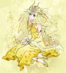  1girl anklet bare_shoulders blonde_hair blue_eyes detached_sleeves dress final_fantasy final_fantasy_i horns jewelry looking_up open_mouth sarah_(ff1) shinzui_(fantasysky7) sitting smile solo theatrhythm_final_fantasy yellow yellow_background yellow_dress 