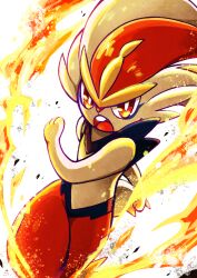  bright_pupils cinderace commentary embers fire highres open_mouth orange_eyes pokemon pokemon_(creature) pokemon_focus qz86 solo teeth upper_teeth_only white_pupils 