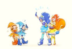  4girls ^_^ animal_ear_fluff animal_ears apron arisugawa_himari arm_up asymmetrical_legwear beamed_eighth_notes big_hair blue_apron blue_boots blue_choker blue_dress blue_eyes blue_gloves blue_hair blue_hat blue_shirt blue_socks blue_thighhighs boots bracelet brown_eyes brown_hair bubble_skirt cherry_earrings child choker closed_eyes closed_mouth color_connection commentary crossover crown crown_earrings cure_custard cure_gelato dress earrings eighth_note elbow_gloves fang food-themed_earrings fujiwara_hazuki full_body glasses gloves hairband hands_up hat highres jewelry kirakira_precure_a_la_mode kneehighs lion_ears lion_girl lion_tail long_hair looking_at_another magical_girl mini_crown multiple_girls musical_note notice_lines ojamajo_doremi open-toe_shoes open_mouth orange_boots orange_dress orange_eyes orange_gloves orange_hair orange_hat orange_shoes paw_socks pearl_bracelet pointy_boots ponytail precure red_choker round_eyewear senoo_aiko shirt shoes short_hair short_sleeves simple_background single_sock single_thighhigh skirt smile socks squirrel_ears squirrel_girl squirrel_tail standing tail tategami_aoi thigh-highs waist_apron waving white_background white_gloves white_skirt witch_hat yellow_dress yellow_hairband yellow_socks yuu13 
