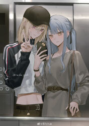  2girls absurdres bag bang_dream! bang_dream!_it&#039;s_mygo!!!!! baseball_cap belt black_belt black_hat blonde_hair blue_hair bracelet brown_bag cellphone character_charm charm_(object) closed_mouth commentary crop_top dress elevator grey_dress hair_between_eyes hat highres holding holding_phone jewelry lingjiu_yuki long_hair long_sleeves medium_hair midriff mirror_selfie misumi_uika multicolored_hair multiple_girls navel phone selfie shoulder_bag sidelocks single_off_shoulder smartphone symbol-only_commentary togawa_sakiko two-tone_hair v violet_eyes 