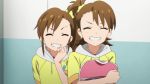  animated animated_gif bag brown_hair closed_eyes eyes_closed futami_ami futami_mami grin idolmaster laughing lowres multiple_girls siblings side_ponytail sisters smile twins 