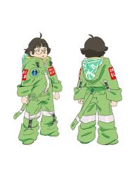  2boys :o ahoge anime_coloring back brown_eyes brown_hair chikyuugai_shounen_shoujo child clenched_hands flipped_hair from_behind full_body glasses green_jumpsuit highres jumpsuit long_sleeves looking_at_viewer multiple_boys multiple_views official_art open_mouth oversized_clothes short_hair simple_background sleeves_rolled_up spacesuit standing tanegashima_hiroshi transparent_background yoshida_ken&#039;ichi 