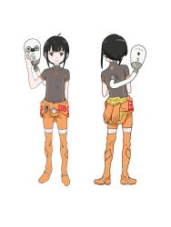  2girls ahoge anime_coloring arm_behind_back back black_hair breasts brown_eyes chikyuugai_shounen_shoujo child closed_mouth drone flat_chest from_behind full_body grey_shirt hand_up highres jumpsuit looking_at_viewer multiple_girls multiple_views nanase_konoha official_art orange_jumpsuit robot shirt short_hair sidelocks simple_background smile spacesuit standing transparent_background turtleneck turtleneck_shirt yoshida_ken&#039;ichi 