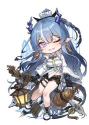  1girl arknights belt black_shorts black_socks blue_hair blue_horns blue_tail boots braid braided_ponytail chibi coat collar detached_collar double-parted_bangs eastern_dragon_horns eastern_dragon_tail full_body gourd green_necktie grin hair_between_eyes hair_ornament high_ponytail holding holding_gourd holding_lantern horns inkblot jade_(gemstone) kokukyukeo lace-up_boots lantern ling_(arknights) long_hair long_sidelocks long_sleeves necktie one_eye_closed open_clothes open_coat pointy_ears ponytail ribbon ribbon_earrings short_shorts shorts sidelocks smile socks solo standing standing_on_one_leg thigh_belt thigh_strap two-tone_necktie very_long_hair violet_eyes white_background white_boots white_coat white_collar white_streaks wide_sleeves wing_collar yellow_necktie yellow_ribbon 