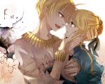  1girl blonde_hair bracelet fate/stay_night fate/zero fate_(series) gilgamesh green_eyes hair_ribbon jewelry necklace open_mouth red_eyes ribbon rinko_(41r) saber short_hair smile 
