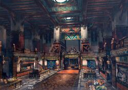  absurdres artist_name bag balance_scale banner bottle ceiling ceiling_light commentary dated fantasy food highres indoors lamp no_humans original pillar railing rug rukichi_(t_rutamagon) scenery shop signature stairs stone_floor twitter_username watermark weighing_scale wooden_ceiling 