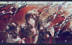  1boy 1girl :o architecture artist_name ayn_alwyn black_border black_collar black_hair black_robe blunt_bangs border branch chinese_clothes chinese_commentary cloak closed_mouth collar collarbone dappled_sunlight double_bun earrings east_asian_architecture eye_contact flower flower_earrings flower_knot fur-trimmed_cloak fur_trim hair_between_eyes hair_bun hair_ribbon hanfu height_difference heroine_(lovebrush_chronicles) high_ponytail highres holding holding_branch jewelry letterboxed long_hair looking_at_another looking_to_the_side lovebrush_chronicles neck_tassel open_mouth plum_blossoms ponytail profile red_cloak red_eyes red_flower red_ribbon ribbon robe sinko123 smile snow snowing sunlight tassel tassel_earrings tree upper_body violet_eyes 